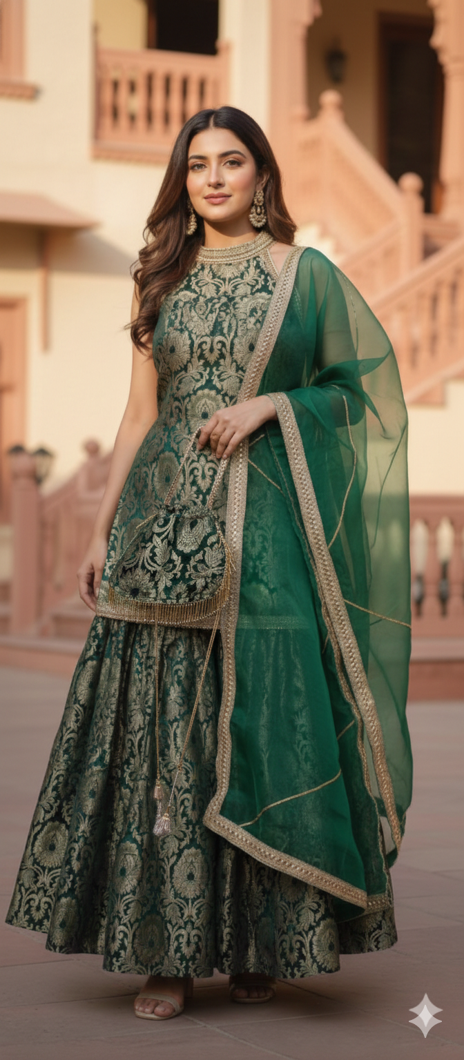 The Emerald Mughal-Print Banarasi Brocade Sharara Set