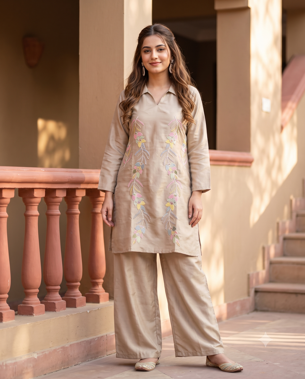 Beige Cotton Silk Embroidered Kurti with Matching Wide-Leg Pants Set