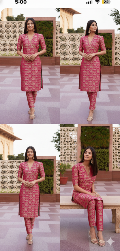 Regal Magenta Banarasi Brocade Kurti with Pant Set