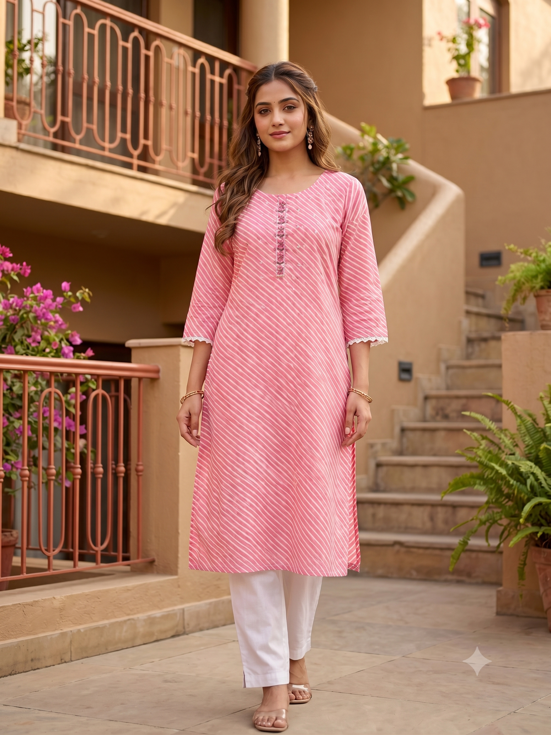 Vibrant Pink Leheriya Straight Kurti | Floral Embroidery & Mirror Work | Jaipur Trendz