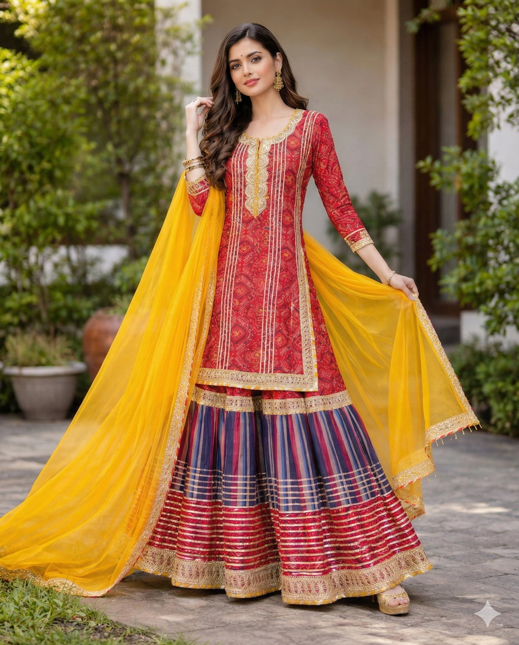 Colorful Cotton Kurti Set With Gota & Lace Detailing