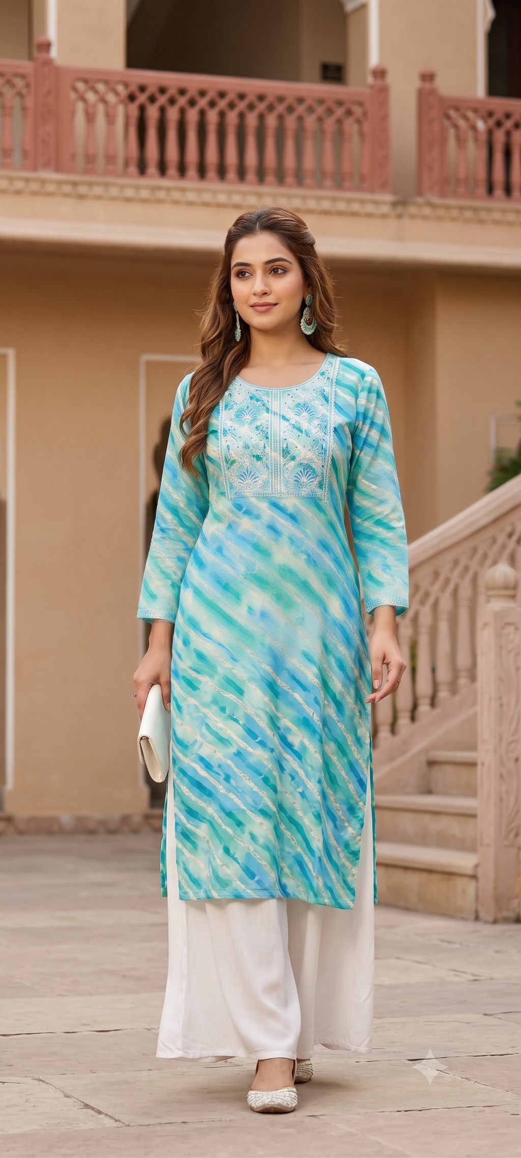 Leheriya Georgette Kurta | Silver Zari Gota Patti Embroidered Yoke | Jaipur Trendzz