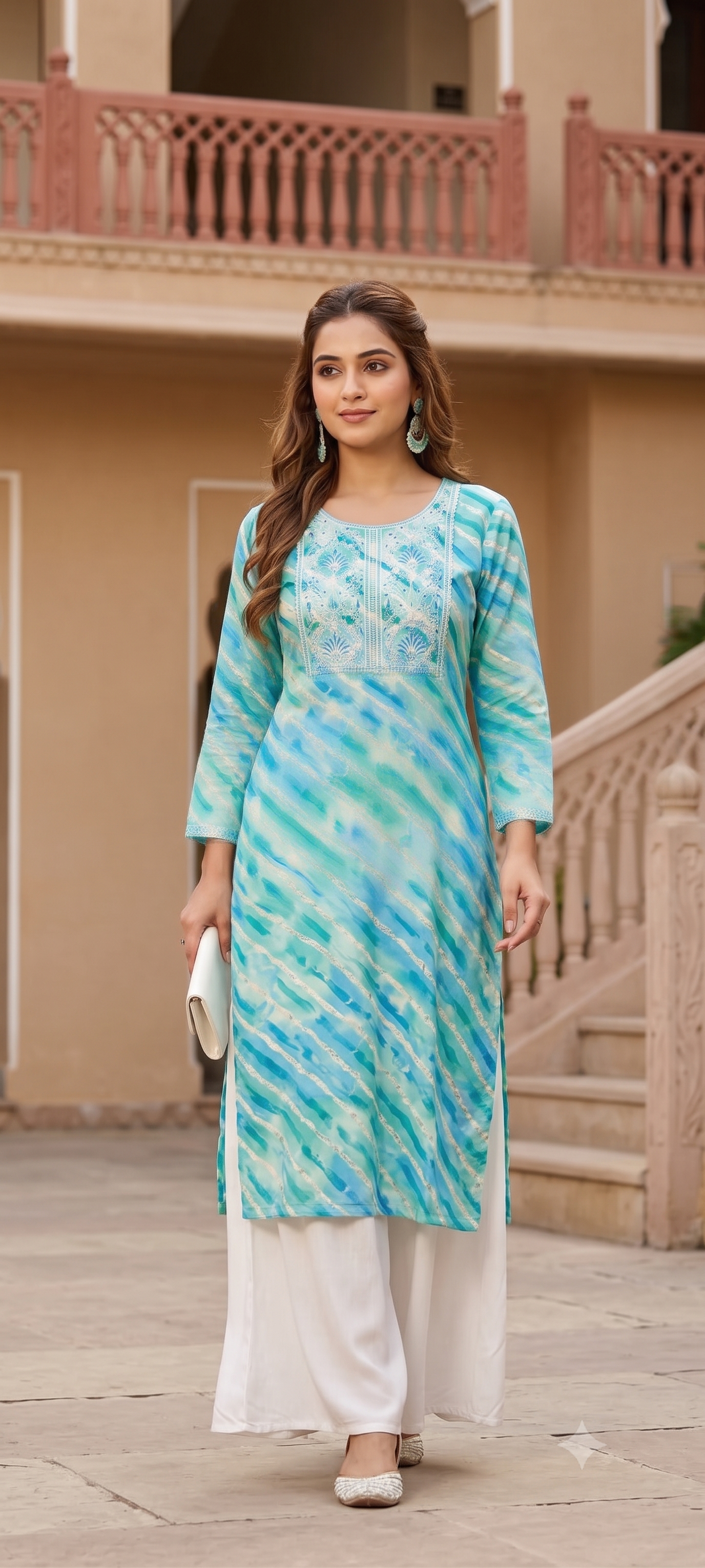 Leheriya Georgette Kurta | Silver Zari Gota Patti Embroidered Yoke | Jaipur Trendzz