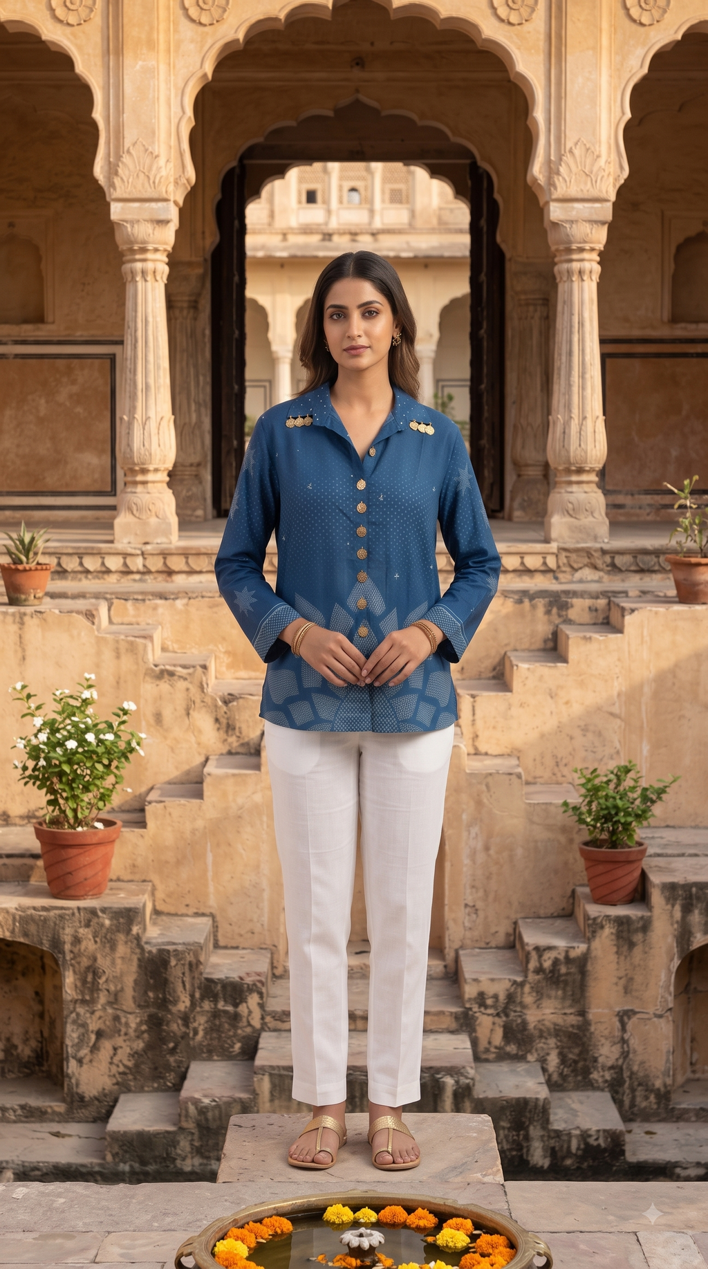 Ethnic Blue Crape Bandhani Printed shirt