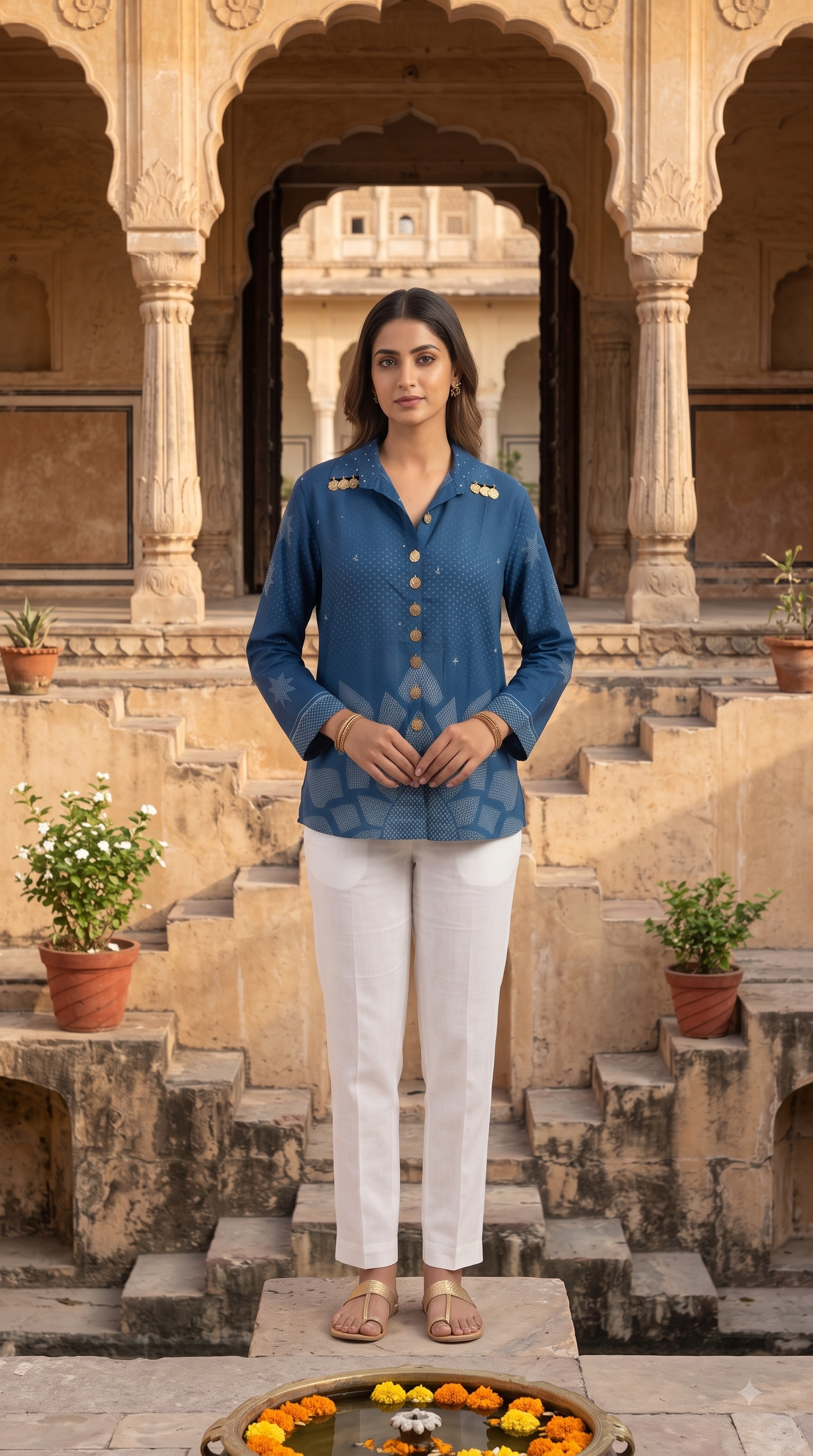 Ethnic Blue Crape Bandhani Printed shirt