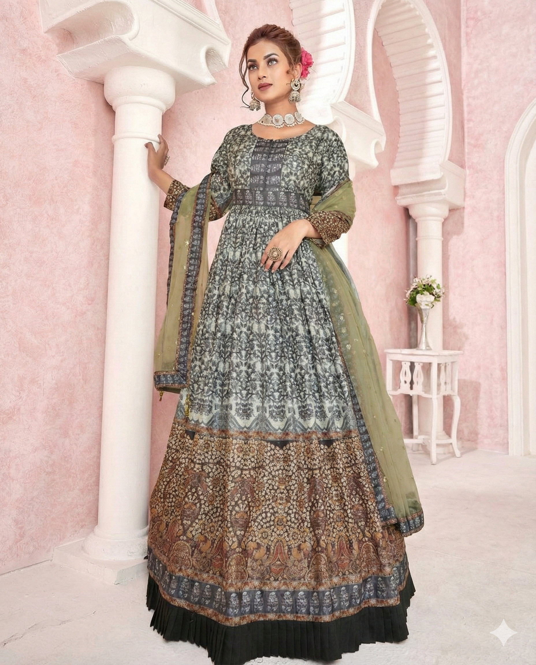 Royal Print Floor Length Gown With Soft Net Dupatta