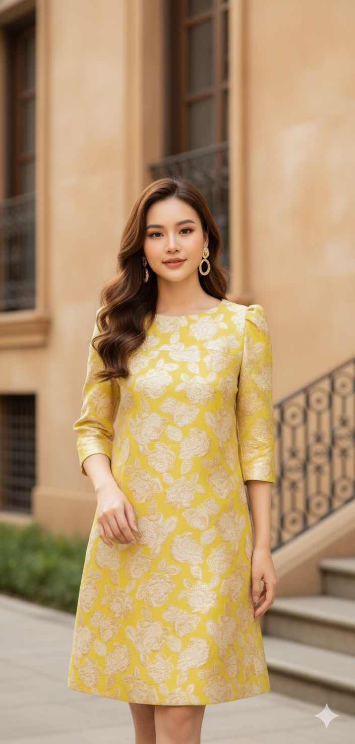 Golden Bloom Brocade A-Line Mini Dress