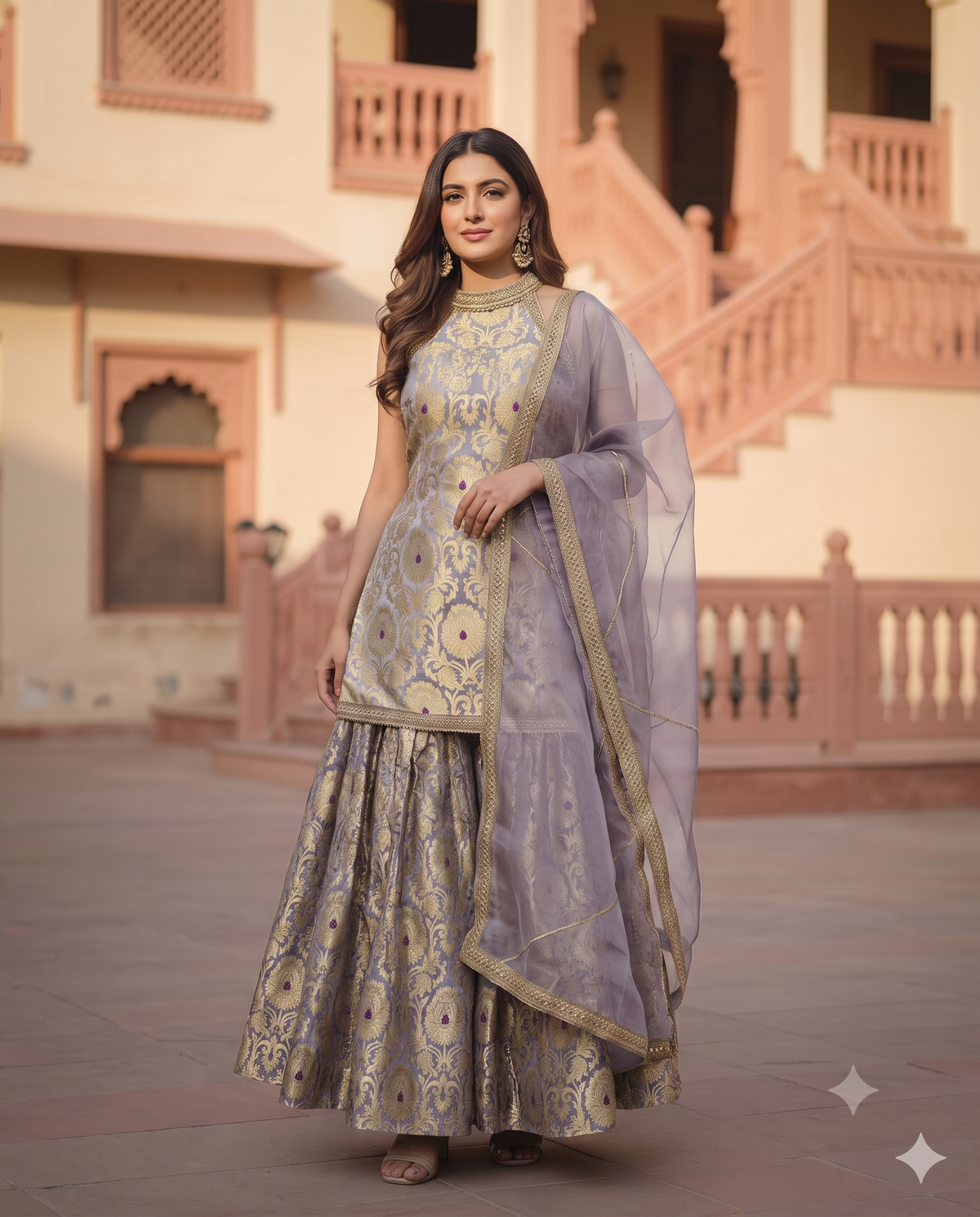The Emerald Mughal-Print Banarasi Brocade Sharara Set