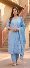 Serene Sky Blue Hand-Block Printed Kurti Set with Embroidered Neckline