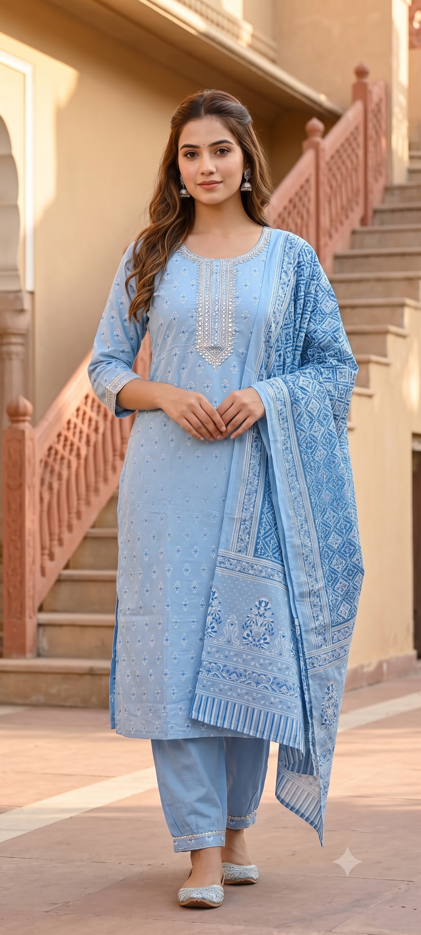 Serene Sky Blue Hand-Block Printed Kurti Set with Embroidered Neckline