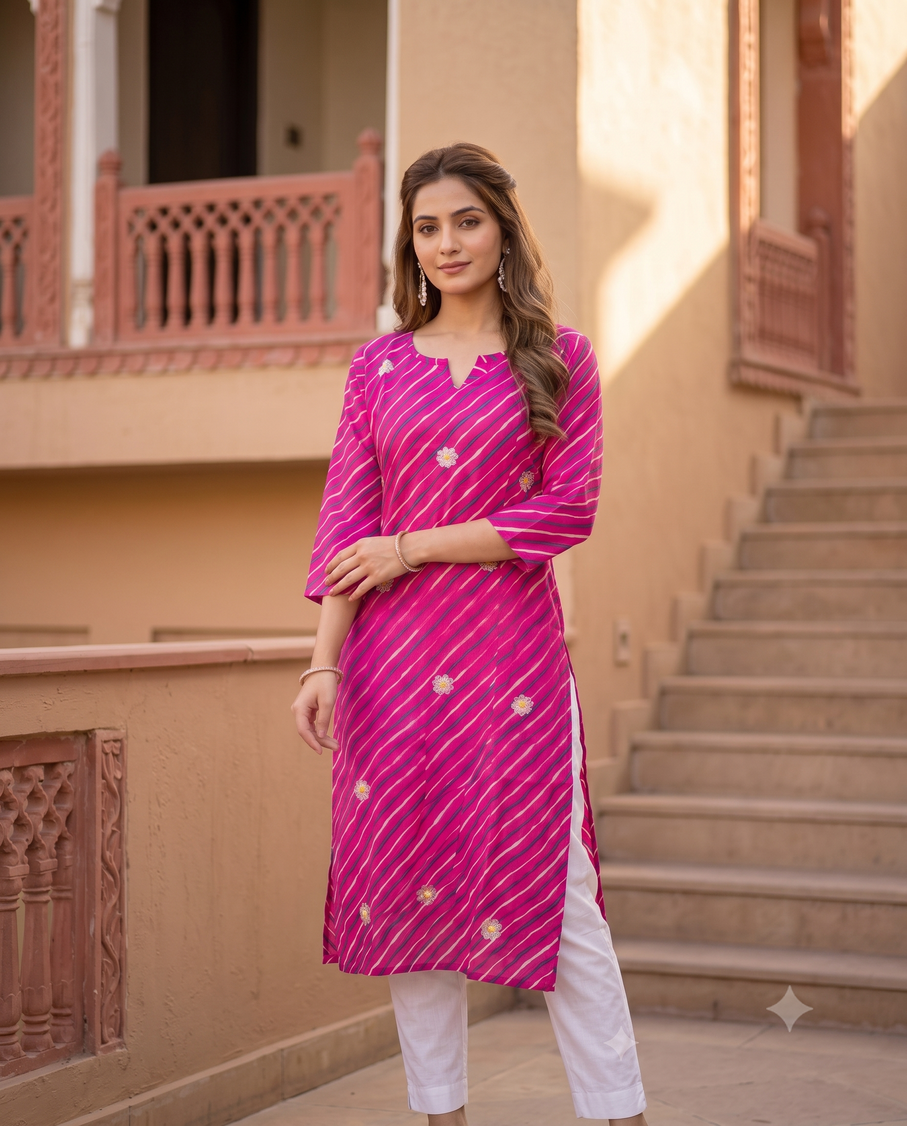 Magenta Pink Leheriya Georgette Kurta | Floral Zari Buttis | Notch Neck | Jaipur Trendzz