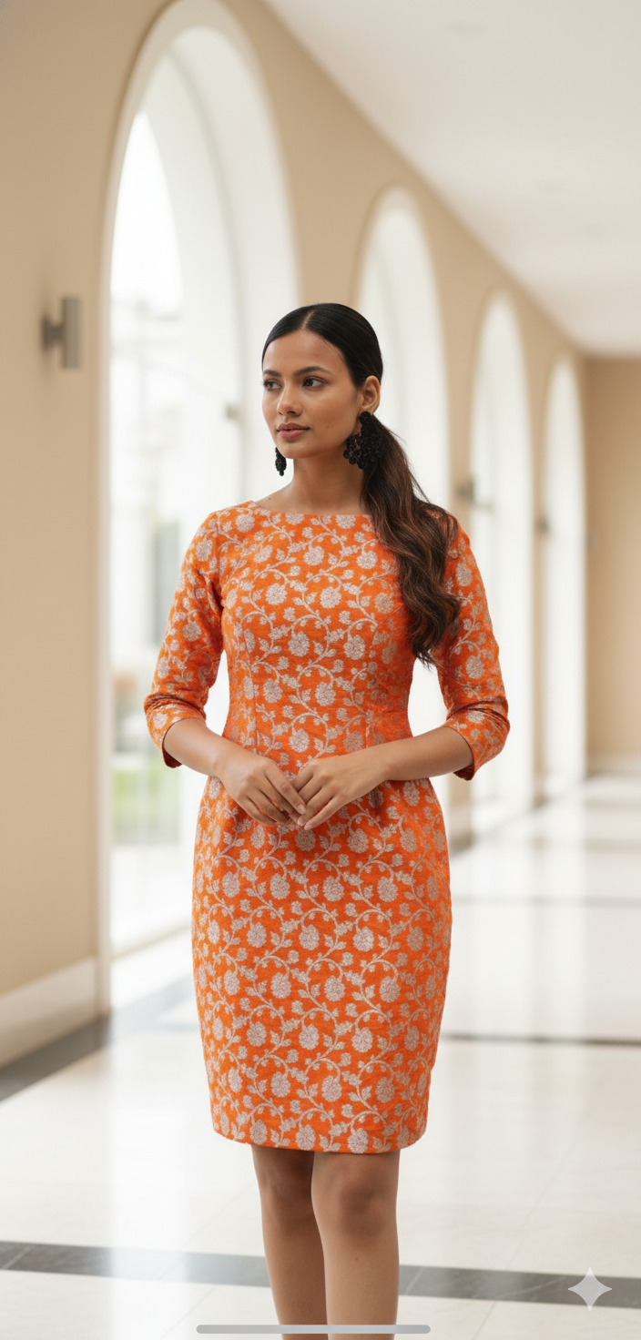 Banarasi Brocade Sheath Dress in Sunset Orange