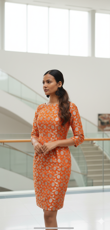 Banarasi Brocade Sheath Dress in Sunset Orange