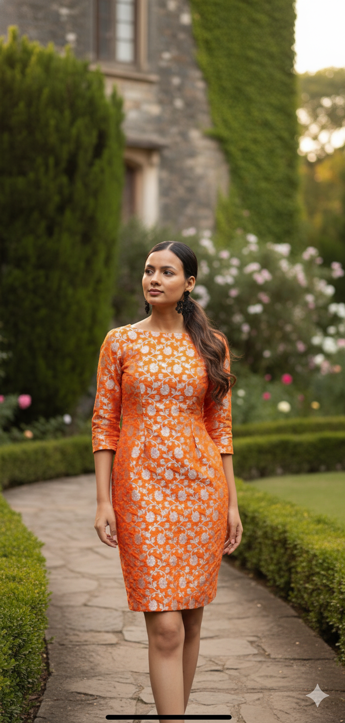Banarasi Brocade Sheath Dress in Sunset Orange