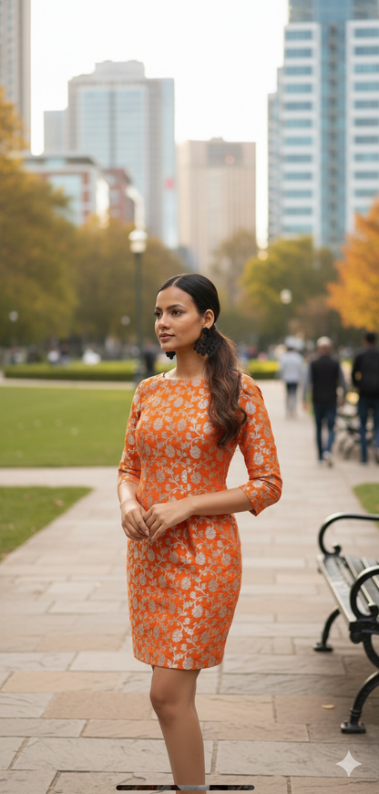 Banarasi Brocade Sheath Dress in Sunset Orange