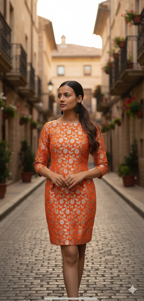 Banarasi Brocade Sheath Dress in Sunset Orange | Jaipur Trendz