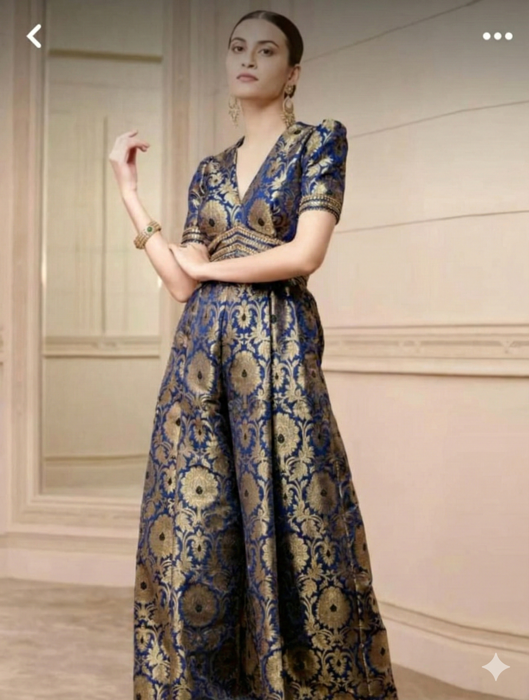 Handwoven Banarasi Brocade Suit Widelegged Party Wear Jumpsuit In Pista Golden Colour