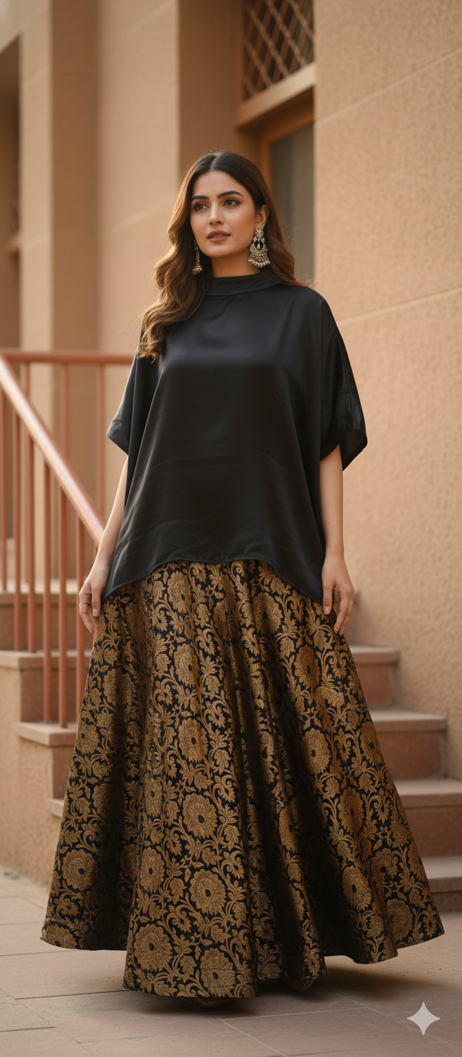 Black And Green Knit Top & Regal Gold Brocade Lehenga Skirt