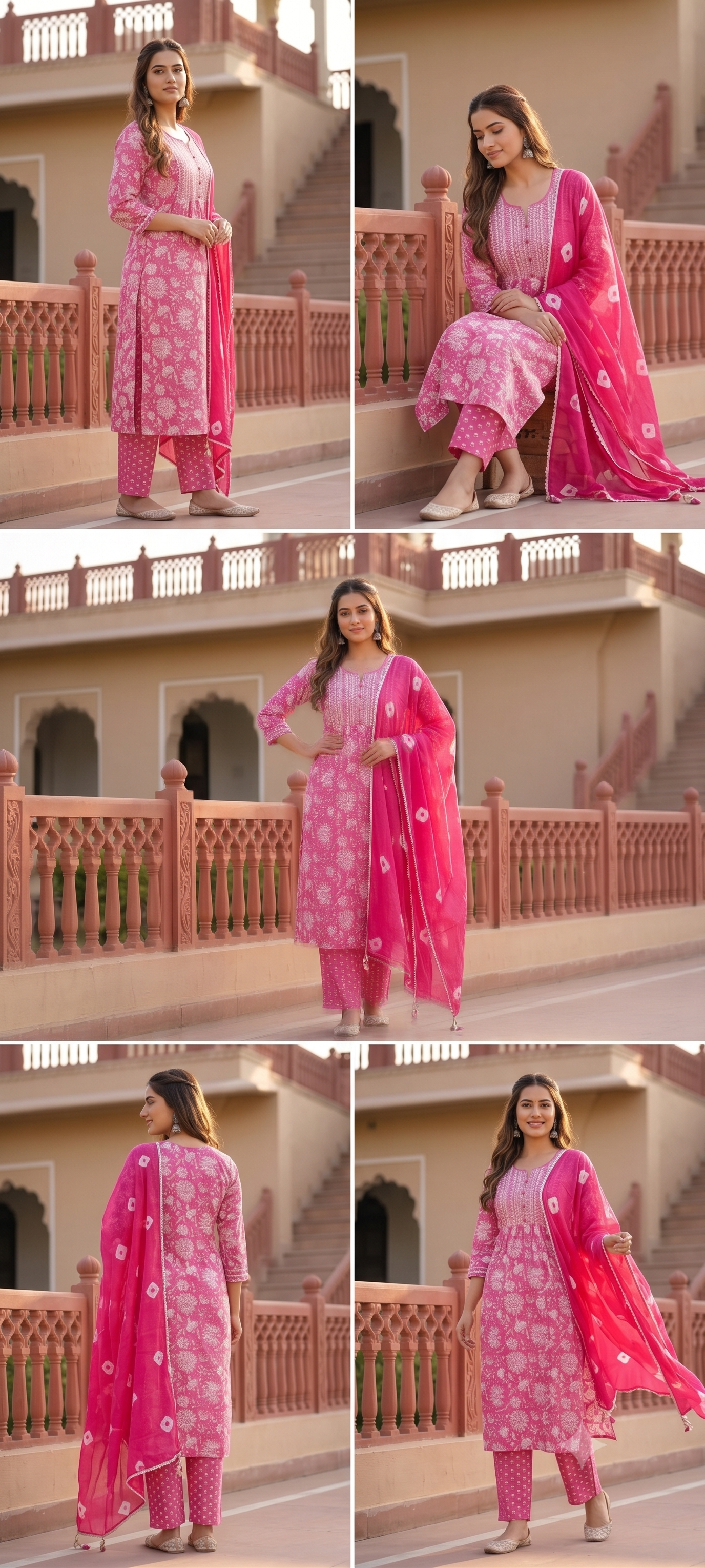 Indiva Fuchsia Pink Floral Block Print 3-Piece Kurti Set | Bandhani Dupatta | Jaipur Trendzz
