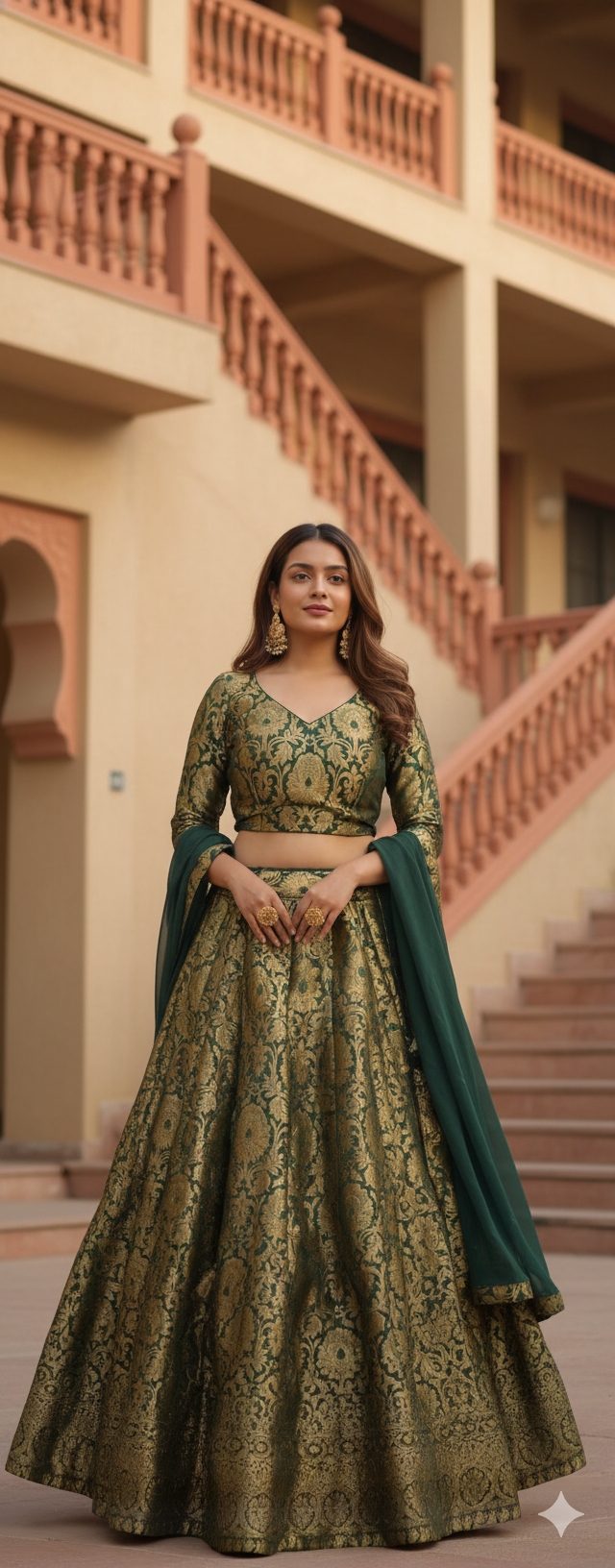 Gold Brocade & Deep Green Bropcade Lehenga Choli
