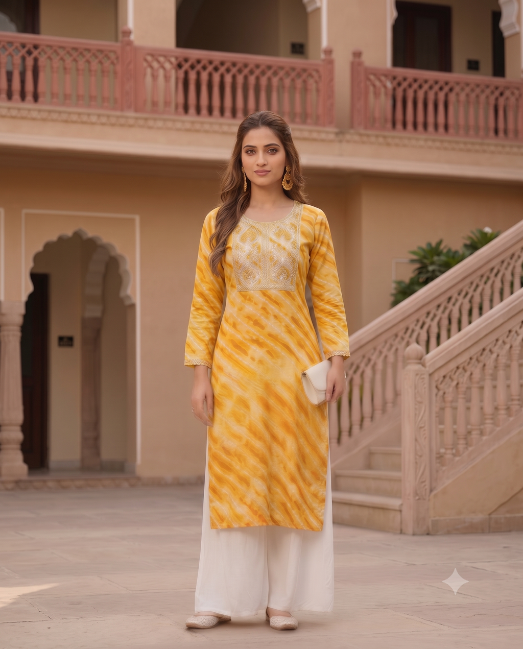 Leheriya Georgette Kurta | Silver Zari Gota Patti Embroidered Yoke | Jaipur Trendzz
