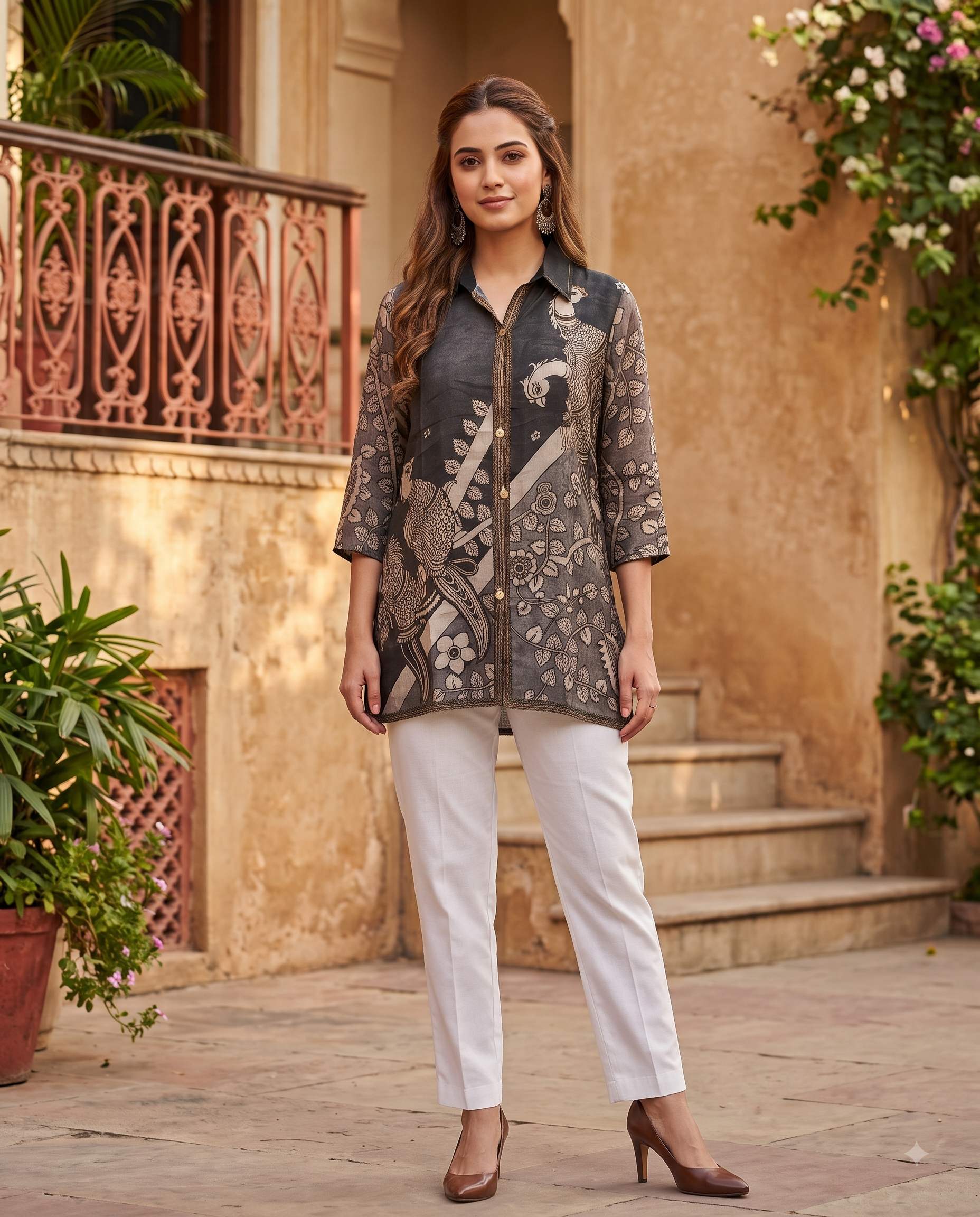 Ethnic Blue Crape Bandhani Printed shirt
