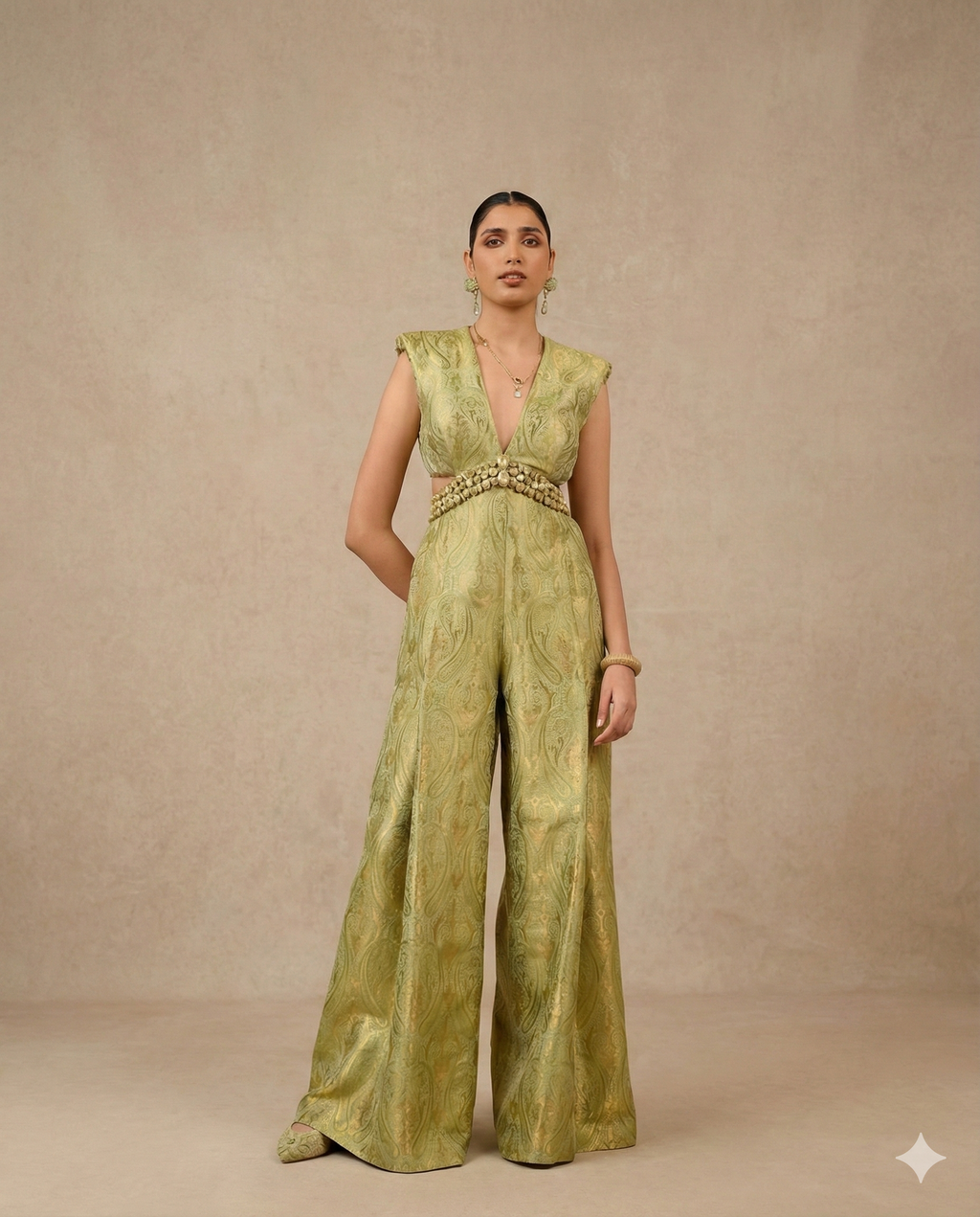 Olive Green Brocade Cut-Out Jumpsuit with Embellished Waist