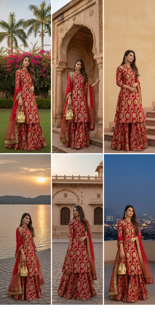 Regal Red Banarasi Brocade Sharara Set with Gold Zari