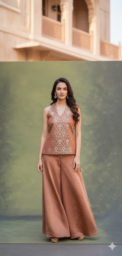 Rose-Gold Brocade Kurti and Palazzo Set