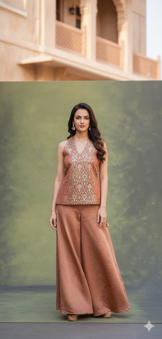 Rose-Gold Brocade Kurti and Palazzo Set