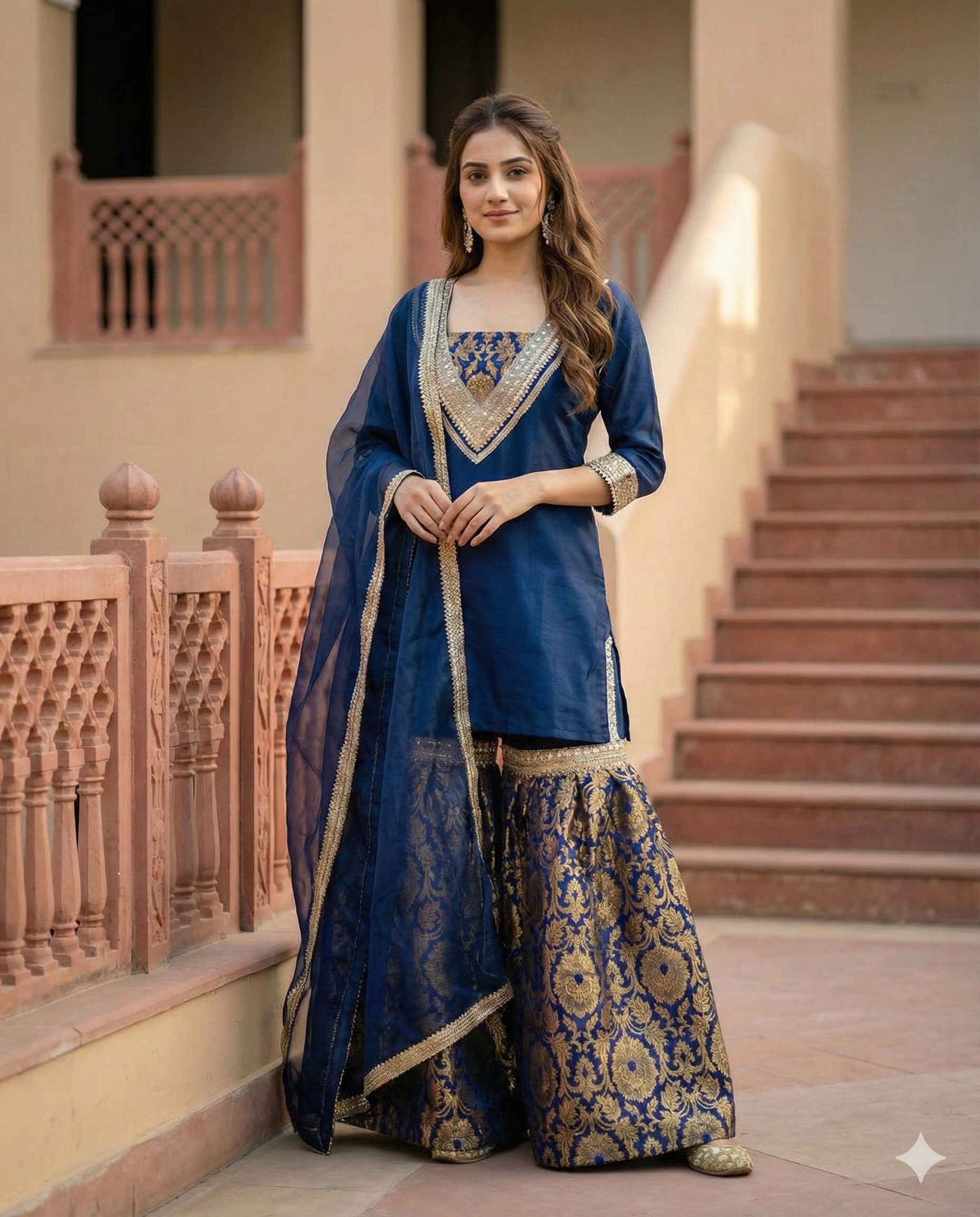 Embroidered  Kurti & Brocade Sharara Set with  Dupatta