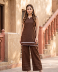 Terracotta Earth Sleeveless Chocolate Co-Ord Set | Lace Border & Wide-Leg Trousers | Jaipur Trendz