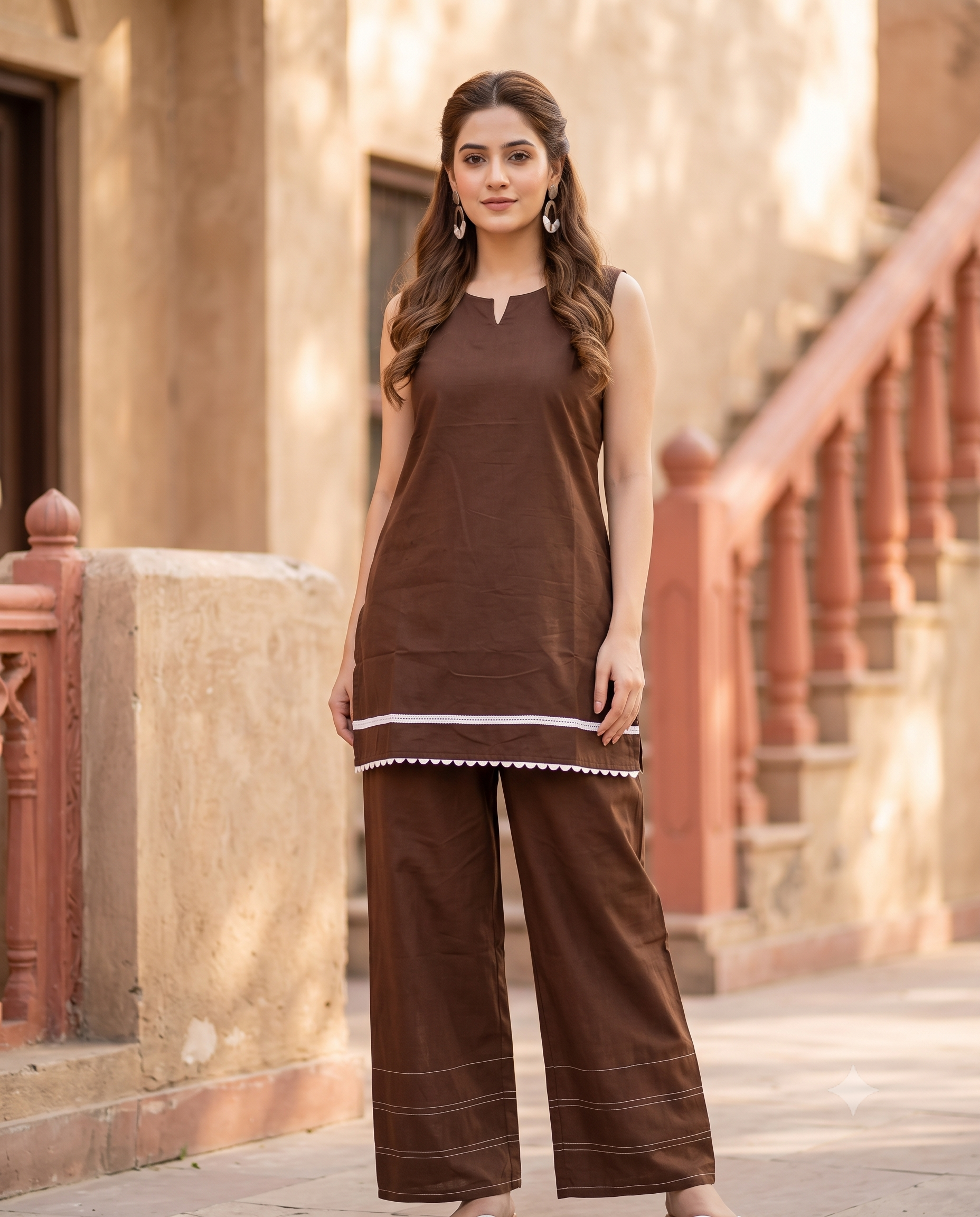 Terracotta Earth Sleeveless Chocolate Co-Ord Set | Lace Border & Wide-Leg Trousers | Jaipur Trendz