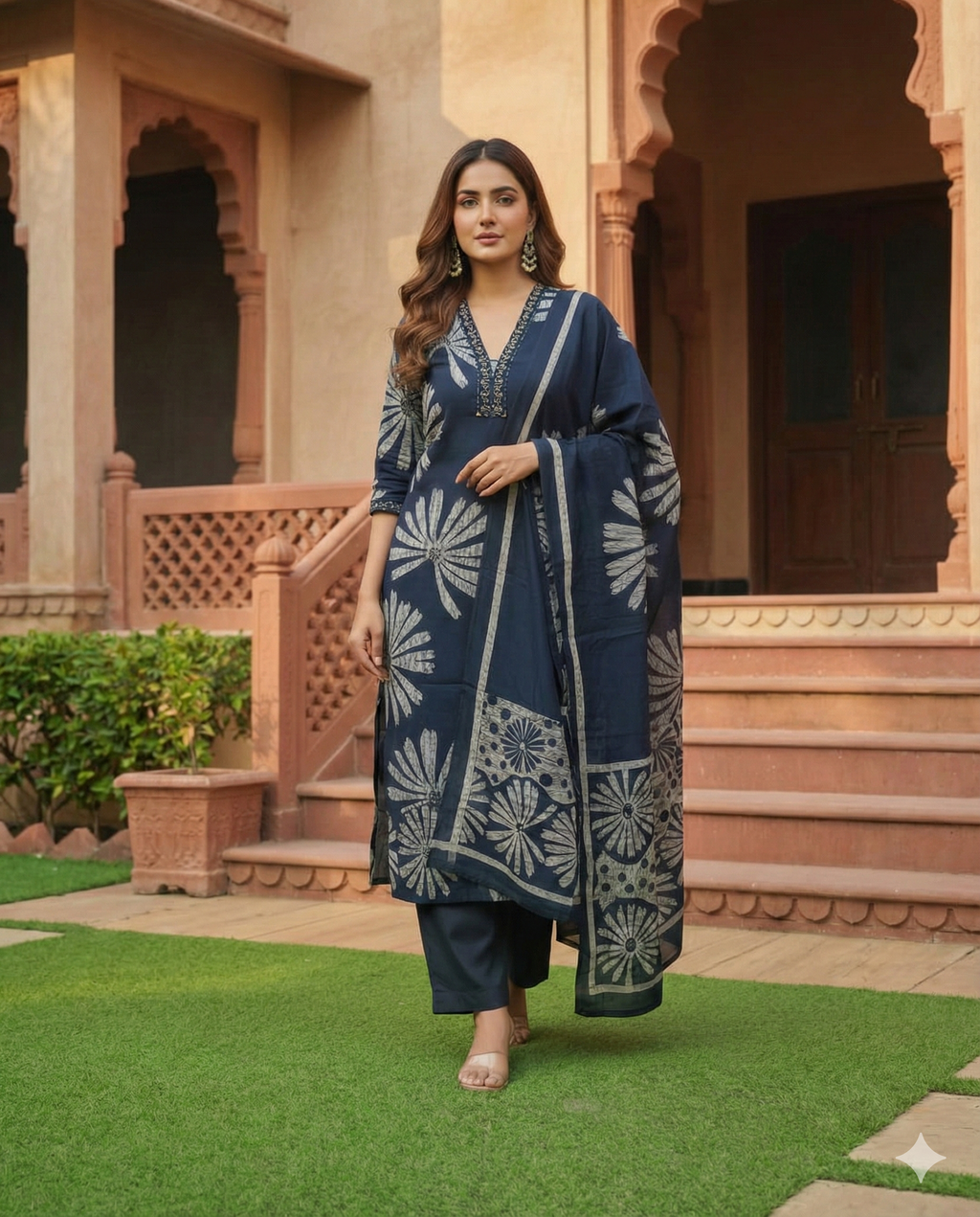Hand-Block Printed Kurta Set with Kota Doria Dupatta