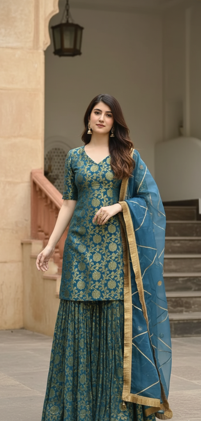 Teal Blue Brocade Sharara Set with Zari Woven Dupatta