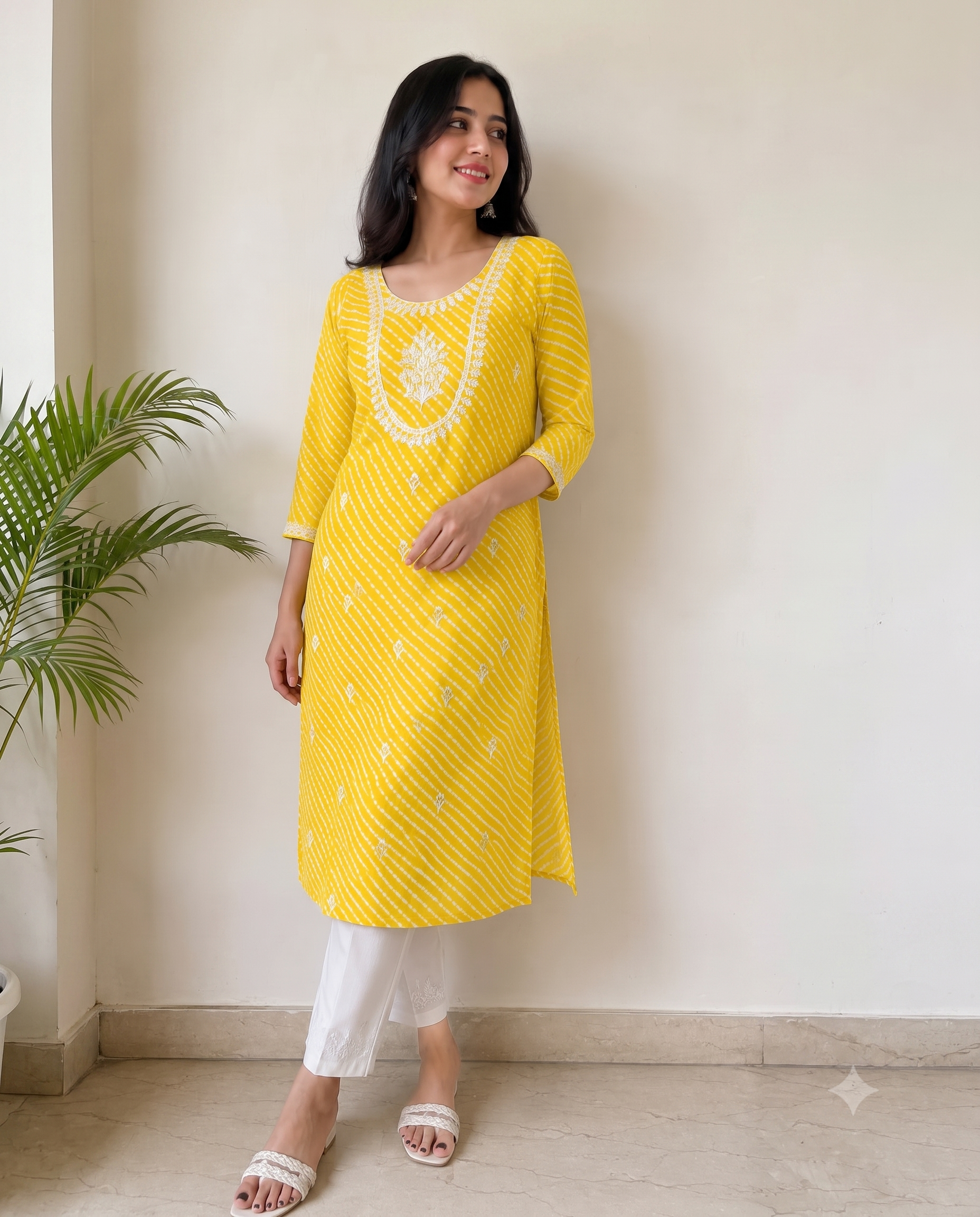 Rani Pink Leheriya Georgette Kurta | Gota Patti & Zari Scoop Neck | Floral Buttis | Jaipur Trendzz