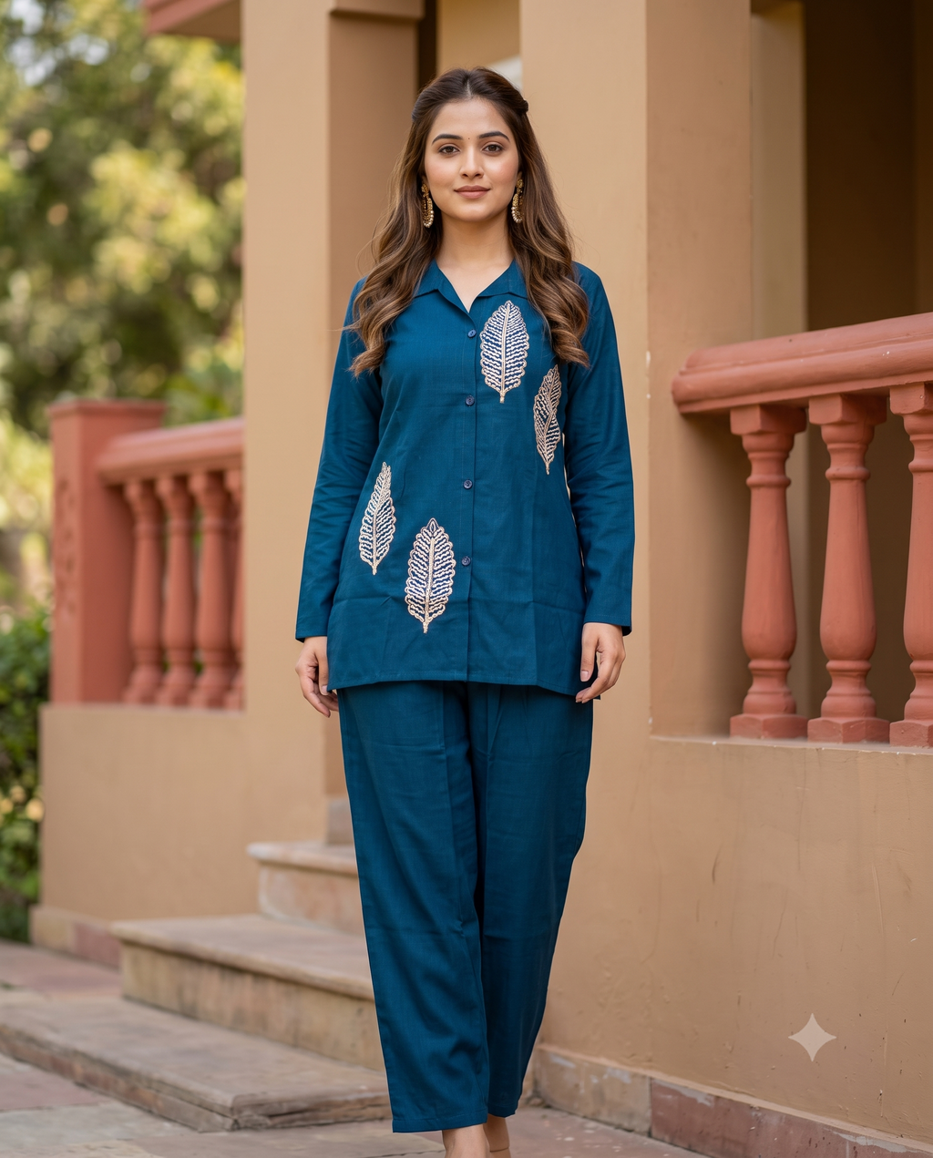 Women's Teal Blue Co-ord Set - Cotton Kurti with Matching Trousers