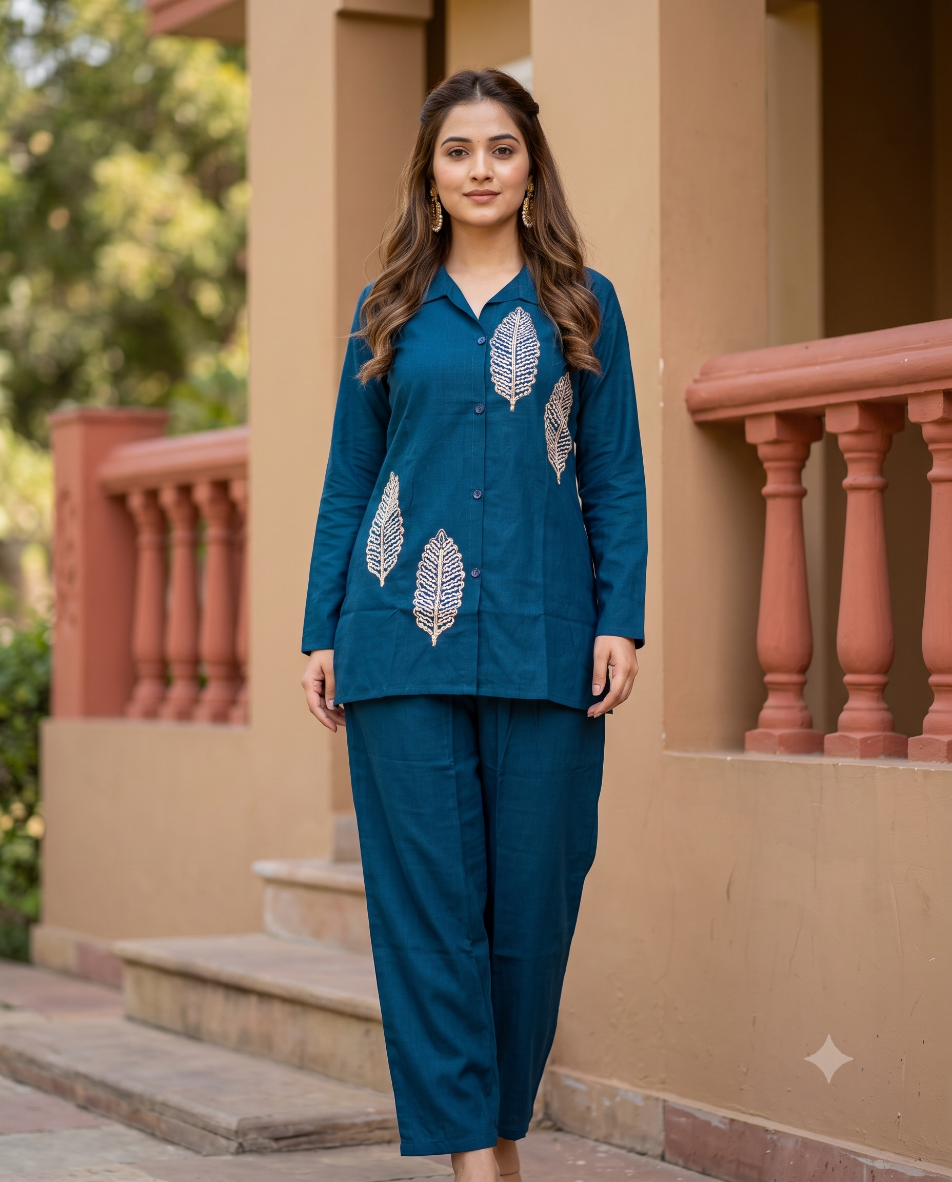 Women's Teal Blue Co-ord Set - Cotton Kurti with Matching Trousers