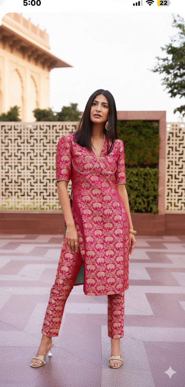Regal Magenta Banarasi Brocade Kurti with Pant Set