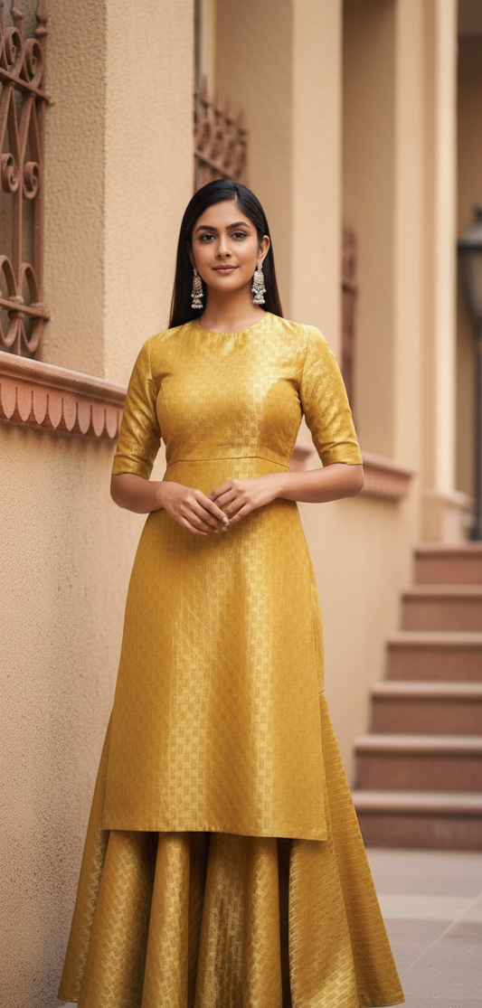 Regal Mustard Yellow Brocade Kurta and Sharara Set