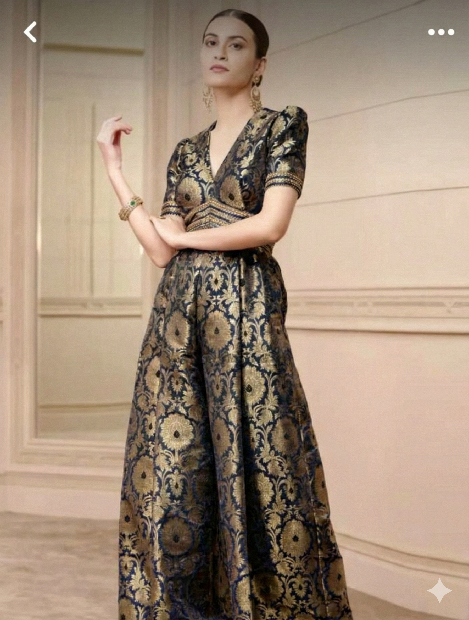 Handwoven Banarasi Brocade Suit Widelegged Party Wear Jumpsuit In Pista Golden Colour