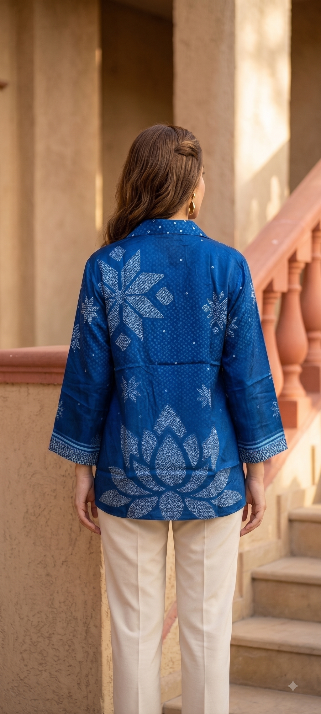 Ethnic Blue Crape Bandhani Printed shirt