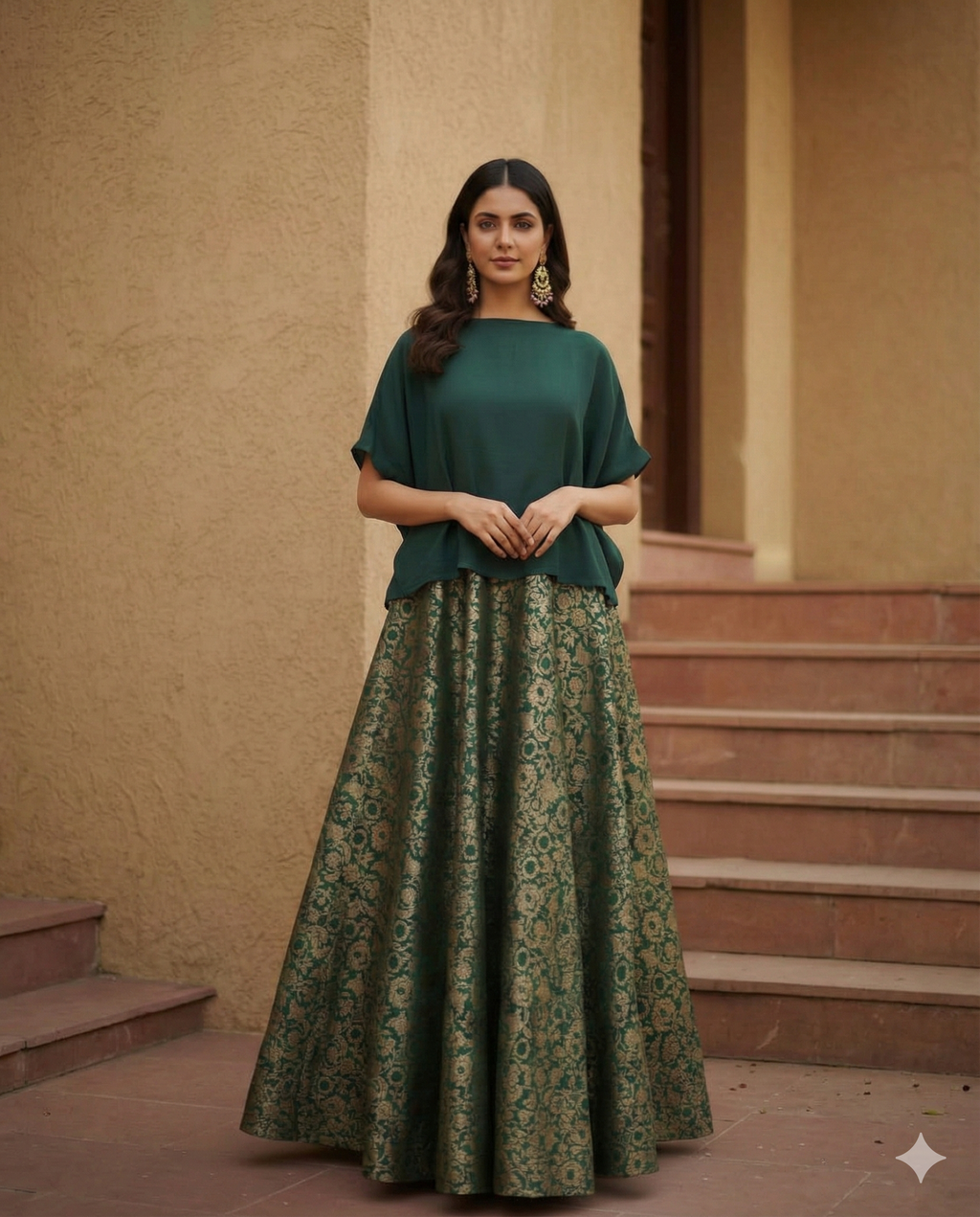 Black And Green Knit Top & Regal Gold Brocade Lehenga Skirt