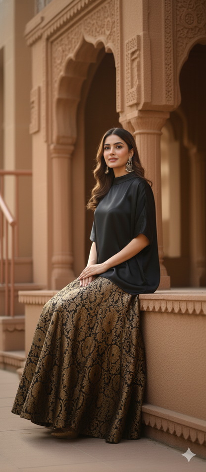 Black And Green Knit Top & Regal Gold Brocade Lehenga Skirt