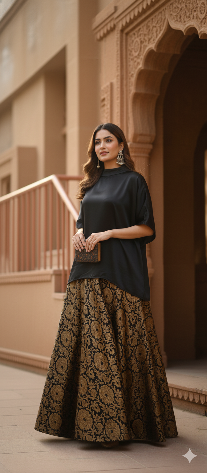 Black And Green Knit Top & Regal Gold Brocade Lehenga Skirt