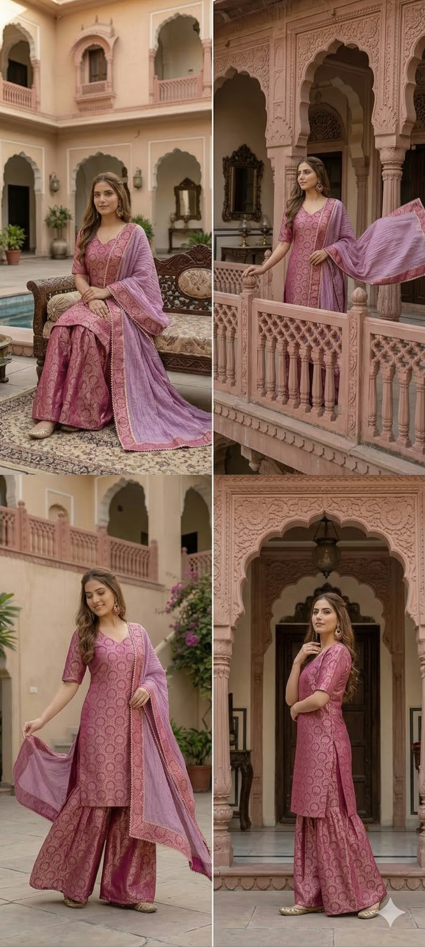 Royal Magenta Brocade Kurta & Flared Sharara with Striped Dupatta