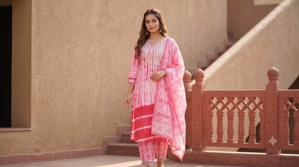Captivating Pink Tie-Dye Kurti Set | Mirror Work & Embroidery | Jaipur Trendz