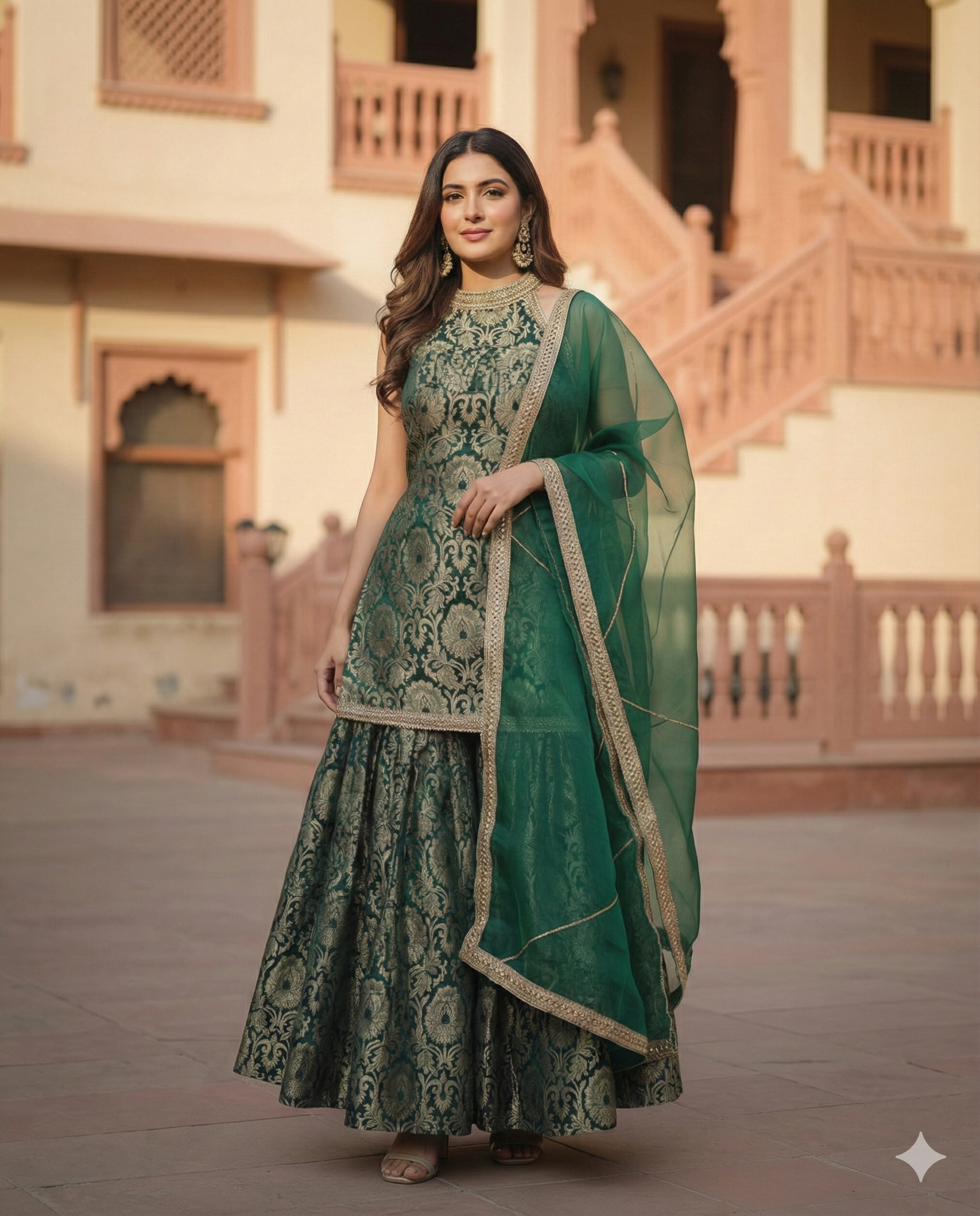 The Emerald Mughal-Print Banarasi Brocade Sharara Set
