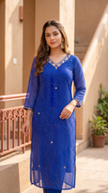 Royal Blue Georgette Leheriya Kurta with Sequin Details and Gold Zari Neck Embroidery  ONLY KURTI