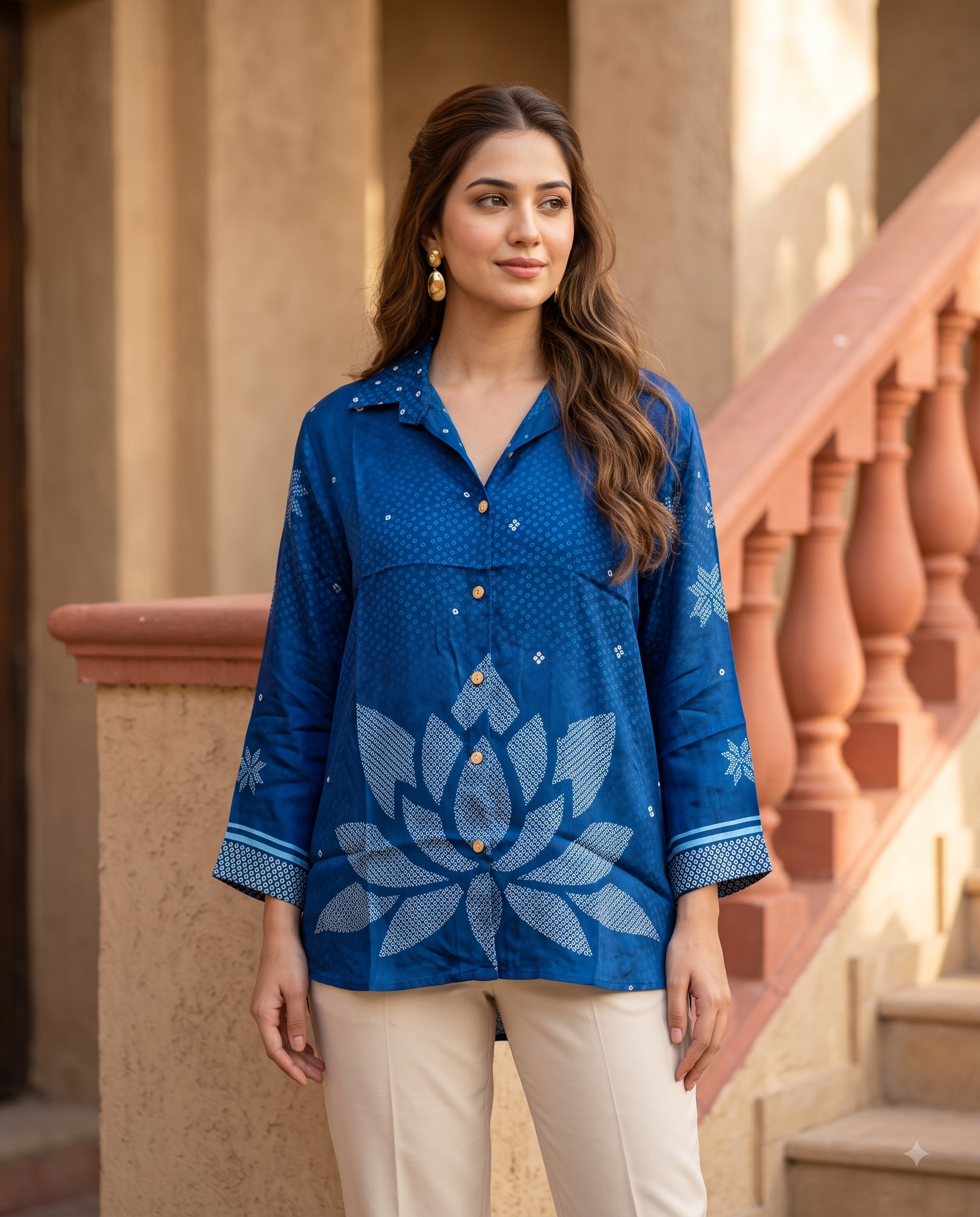 Ethnic Blue Crape Bandhani Printed shirt